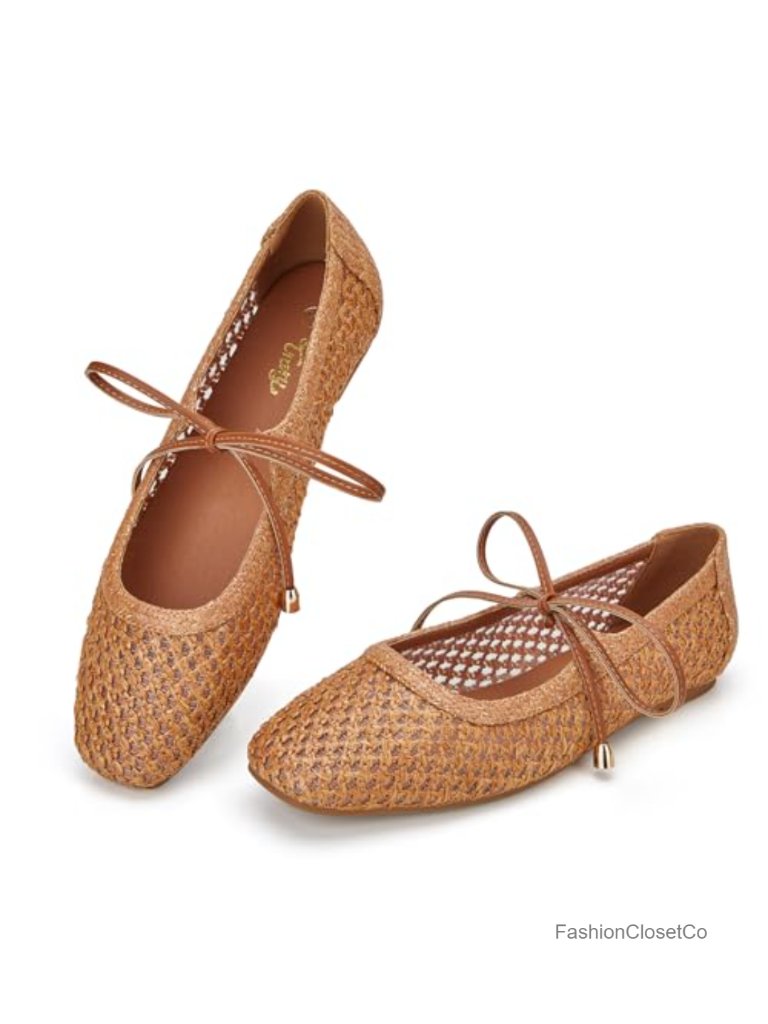 Women's Woven Square Toe Lace Up Mary Jane Ballet Flats With Memory Foam